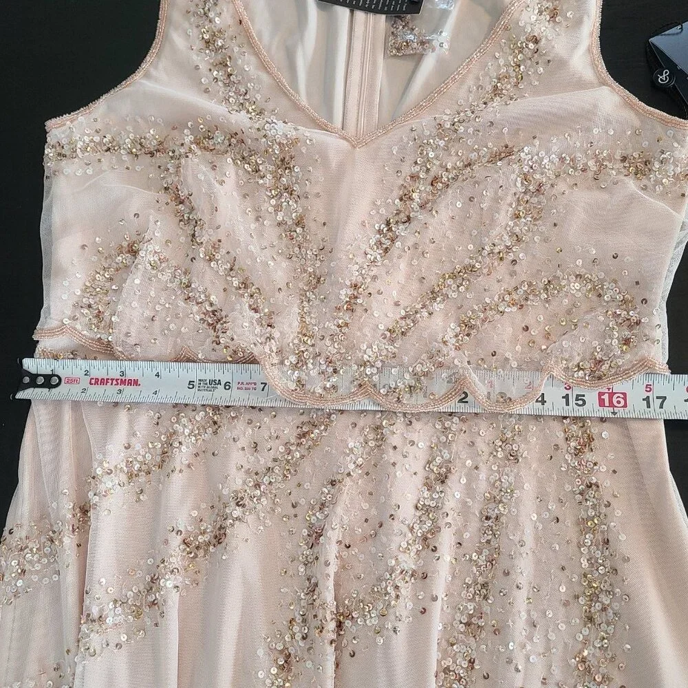 Adrianna Papell NWT Blush Beaded Art Deco Mesh V-Neck Cocktail Midi Dress 12